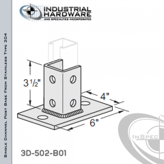 Single Channel Rectangular Post Base From Stainless Type 304 With 6-Hole Inline 3-Sided Post