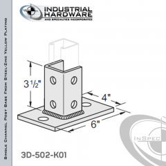 Single Channel Rectangular Post Base From Steel-Zinc Yellow Plating With 6-Hole Inline 3-Sided Post