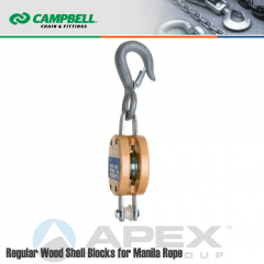 Campbell #7205536 5 in. Single Sheave Wood Block - WLL 1200 lb - Round Hook - 5/8 in. Manilla Rope