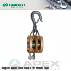 Campbell #7207036 5 in. Double Sheave Wood Block - WLL 1800 lb - Round Hook - 5/8 in. Manilla Rope