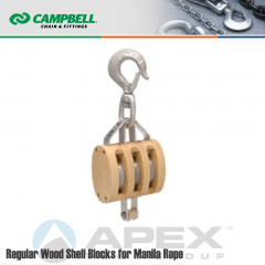 Campbell #7208534 4 in. Triple Sheave Wood Block - WLL 1800 lb - Swivel Hook - 1/2 in. Manilla Rope