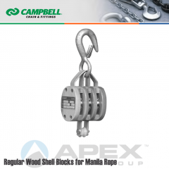 Campbell #7208536 4 in. Triple Sheave Wood Block - WLL 1800 lb - Round Hook - 1/2 in. Manilla Rope