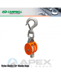 Campbell #7222214 2 in. Double Sheave Nylon Block - Manila Rope - WLL 1000 lb - Swivel Hook w/Latch