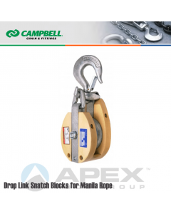 Campbell #7265886 8 in. Single Sheave Drop Link Snatch Wood Block - Manila Rope - WLL 4800 lb - Swivel Hook w/Latch