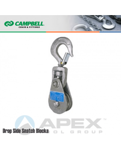 Campbell #7339794 6 in. Single Sheave Drop Side Snatch Blocks - Wire Rope - WLL 17637 lb - Swivel Hook w/Latch