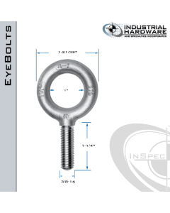 K2003-316SS: 3/8-16 x 1-1/4 in Long Full Thread Plain Pattern Eyebolt SS Type 316 - Made in the USA