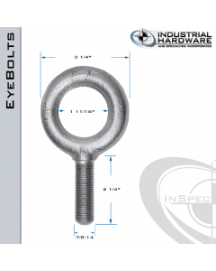 K2009-UNF-ZN: 7/8-14 x 2-1/4 in Long Full Thread Plain Pattern Eyebolt Carbon Steel - Made in the USA