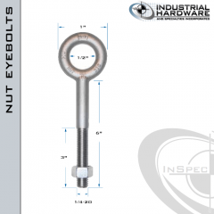 N2001-316SS-6: 1/4-20 x 6 in Long with 3 in Thread Plain Pattern Eyebolt with Nut SS Type 316 - Made in the USA