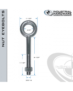 N2003-SS-2-1/2: 3/8-16 x 2-1/2 in Long with 1-1/2 in Thread Plain Pattern Eyebolt with Nut SS Type 304 - Made in the USA