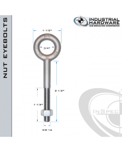 N2003-316SS-2-1/2: 3/8-16 x 2-1/2 in Long with 1-1/2 in Thread Plain Pattern Eyebolt with Nut SS Type 316 - Made in the USA