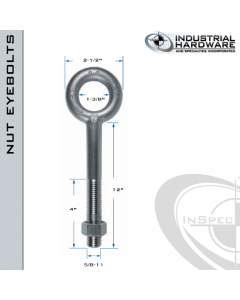 N2007-12: 5/8-11 x 12 in Long with 4 in Thread Plain Pattern Eyebolt with Nut Carbon Steel - Made in the USA