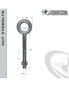 N2007-SS-12: 5/8-11 x 12 in Long with 4 in Thread Plain Pattern Eyebolt with Nut SS Type 304 - Made in the USA