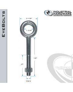 N2009-12: 7/8-9 x 12 in Long with 4 in Thread Plain Pattern Eyebolt with Nut Carbon Steel - Made in the USA