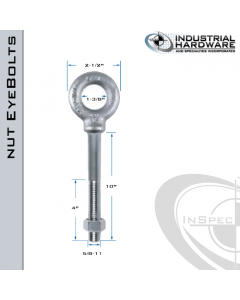 N2027-10: 5/8-11 x 10 in Long with 4 in Thread Shoulder Pattern Eyebolt with Nut Carbon Steel - Made in the USA