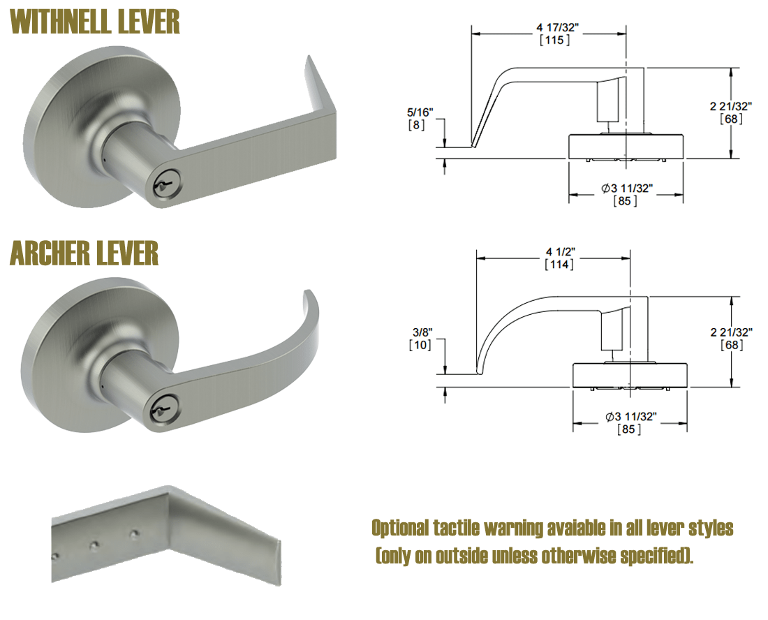 Hager 2500 Series lever and knob options; Lead lined and Tactile warning.