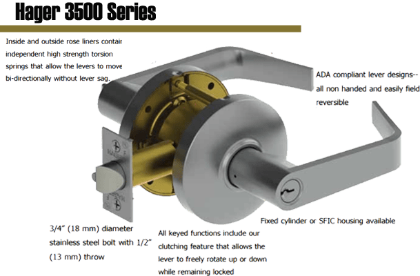 Hager 3500 Series Grade 2 lock provides a perfect combination of value and performance and is the ideal choice of lock fortypical commercial applications. It is an economical alternative to Grade 1 when Grade 1 is not required. Our 3500 Series lockoffers superior dependability and is backed by a lifetime warranty. 