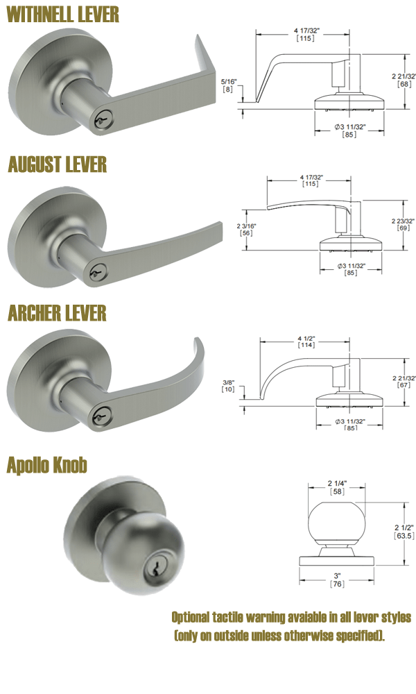 Hager 3500 Series lever and knob options; Lead lined and Tactile warning.